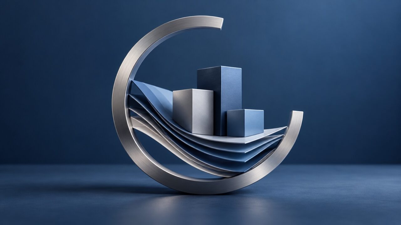 Abstract blue and silver open ring holding layered sheets and blocks for a Hong Kong OFC guide