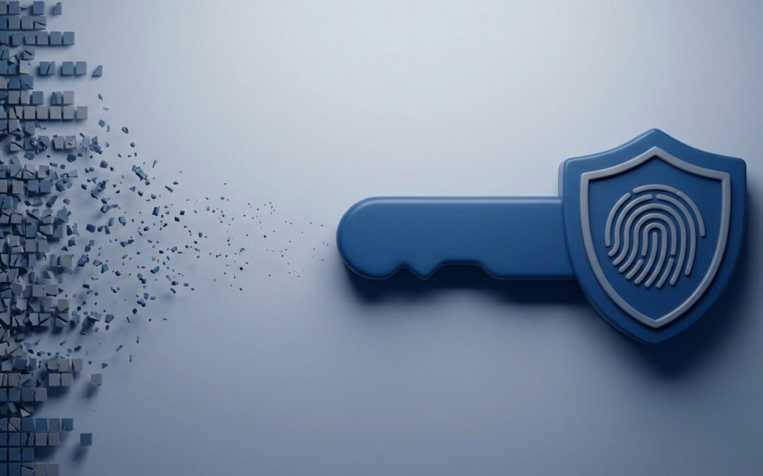 Abstract 3D render of dissolving code blocks becoming a secure key with a fingerprint shield, representing SMS one-time passwords being replaced by phishing-resistant passkeys under the SFC 2026 circular