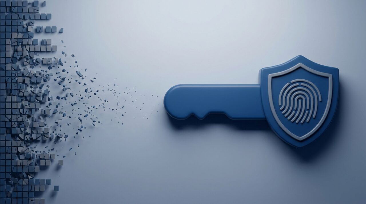 Abstract 3D render of dissolving code blocks becoming a secure key with a fingerprint shield, representing SMS one-time passwords being replaced by phishing-resistant passkeys under the SFC 2026 circular