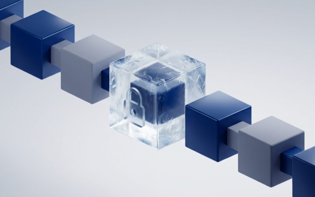 A chain of blue and grey blocks with one frozen in ice, representing a frozen Hong Kong bank account in a crypto fraud case