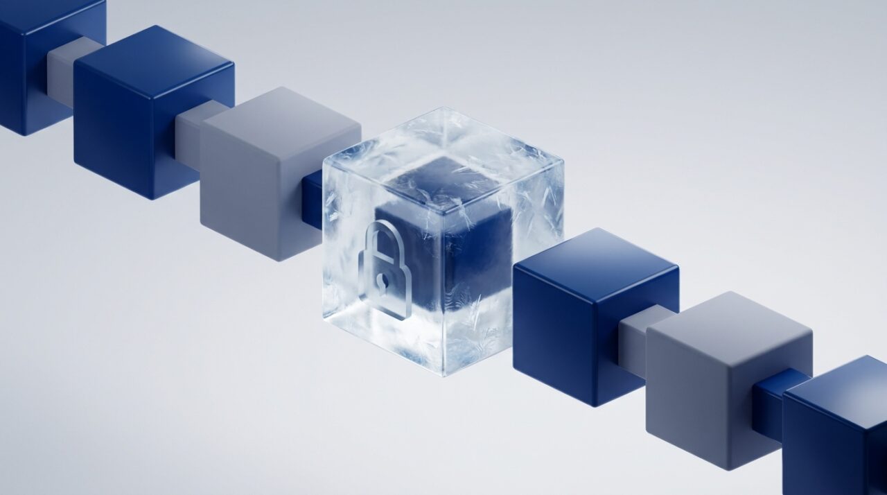 A chain of blue and grey blocks with one frozen in ice, representing a frozen Hong Kong bank account in a crypto fraud case
