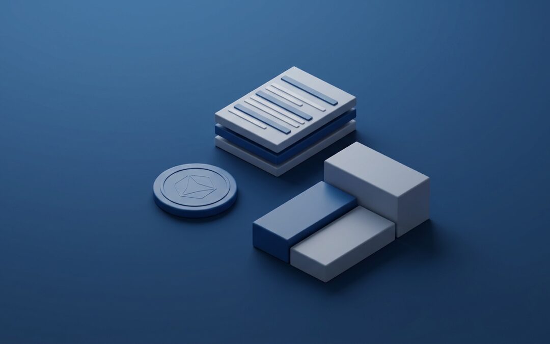 Minimalist 3D illustration of Hong Kong limited partnership fund registration: a stack of application forms, a certificate seal and two interlocking partnership blocks