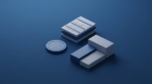 Minimalist 3D illustration of Hong Kong limited partnership fund registration: a stack of application forms, a certificate seal and two interlocking partnership blocks