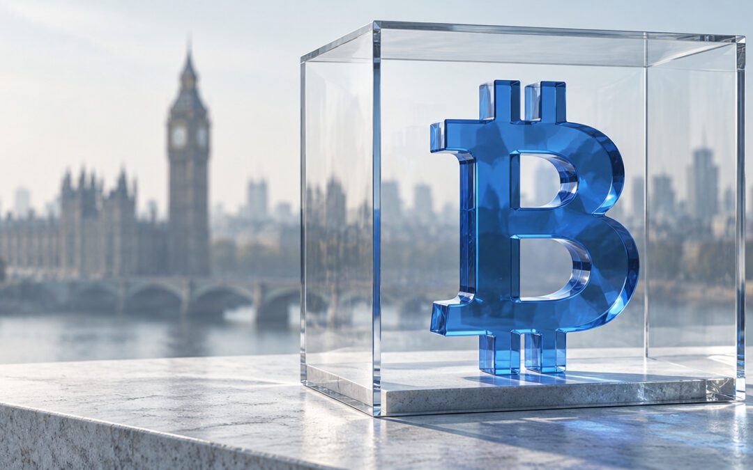 Illustration of a Bitcoin symbol in a glass case against the London skyline, representing the assets in DPP v Zhimin Qian.