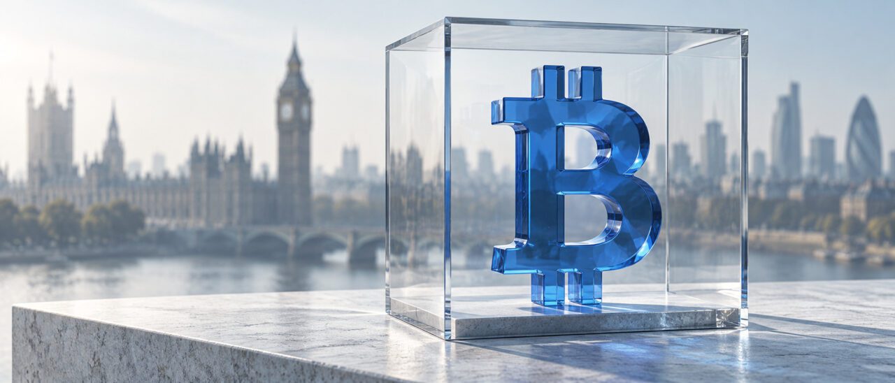 Illustration of a Bitcoin symbol in a glass case against the London skyline, representing the assets in DPP v Zhimin Qian.